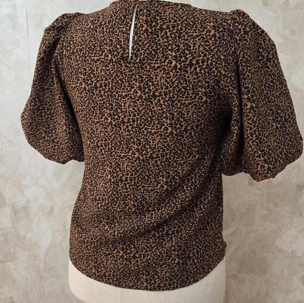 THML Leopard Print Puff Sleeve Blouse Faux Leather Trim XS - Picture 6 of 12